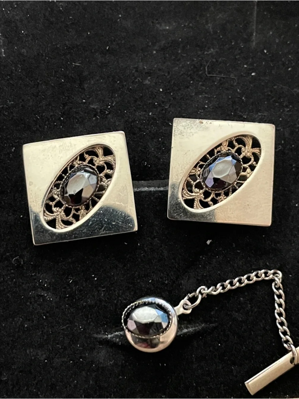 Vintage Square Cufflinks with Black Faceted Stone and matching tie tack